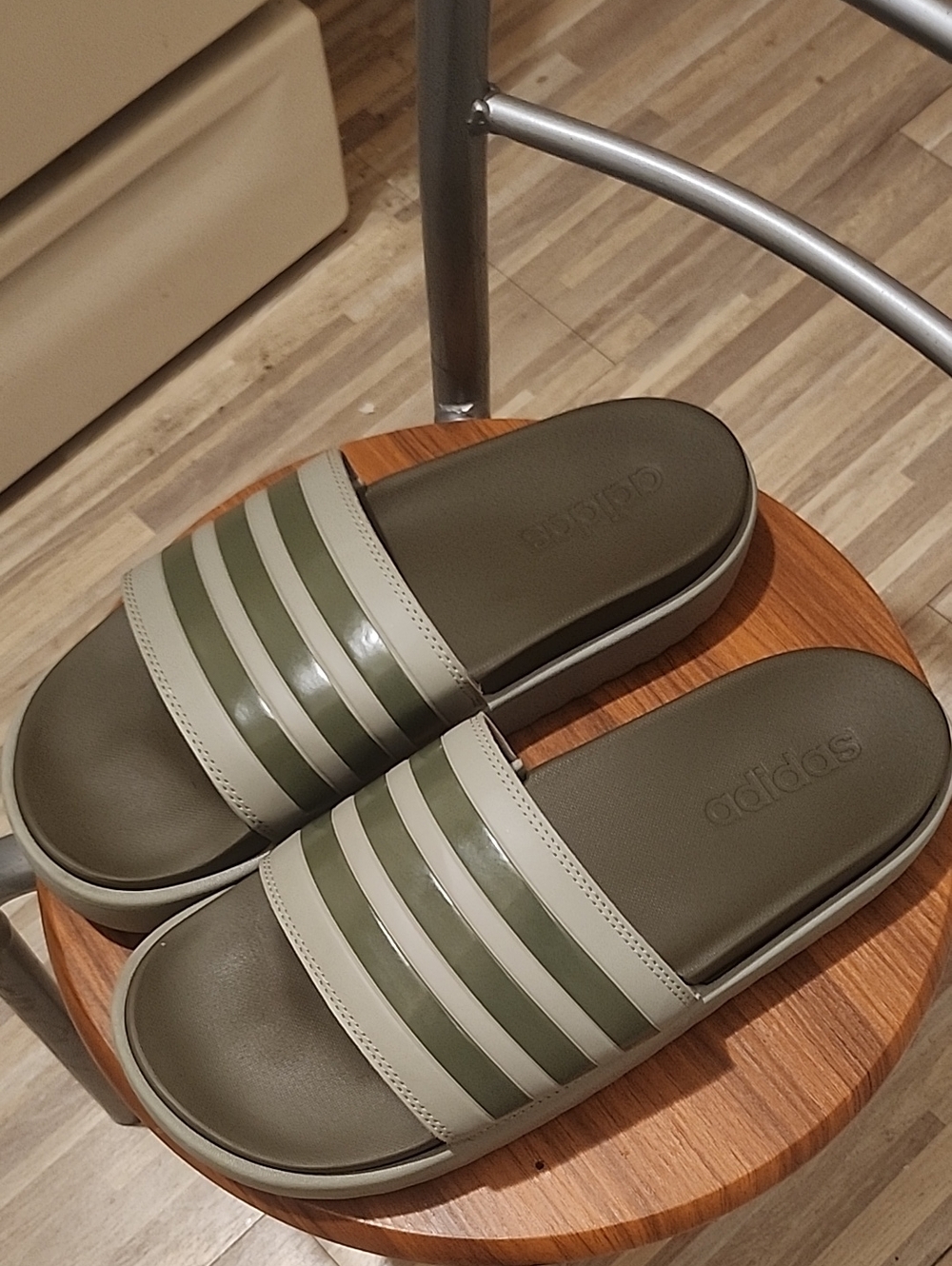 Adidas Adilette Platform Slides in the "Silver Pebble / Olive Strata"